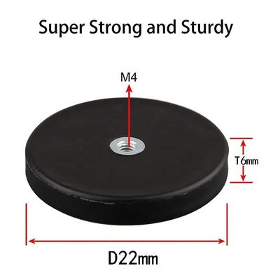 Neodymium ronde magneet D22x6mm met M4 plat vrouwelijk draadgripper en rubberen oppervlak
