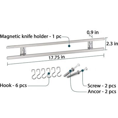 18 inch vierkant buizen roestvrij staal magnetisch mes strip met 6 haakjes voor keukengereedschap houder gereedschap organisator